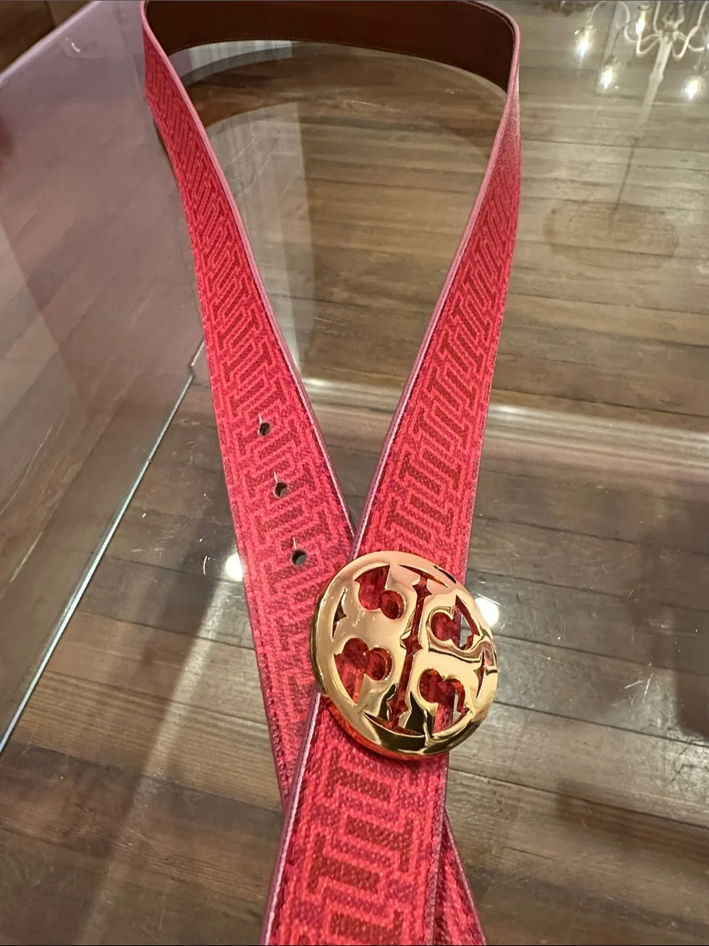 Tory Burch Pink Logo Pattern Belt with Gold Round Buckle